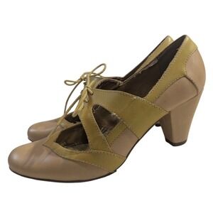 VTG Seychelles Women's Leather Lace Up Cutout Block Heel Shoes Tan Yellow 8 READ